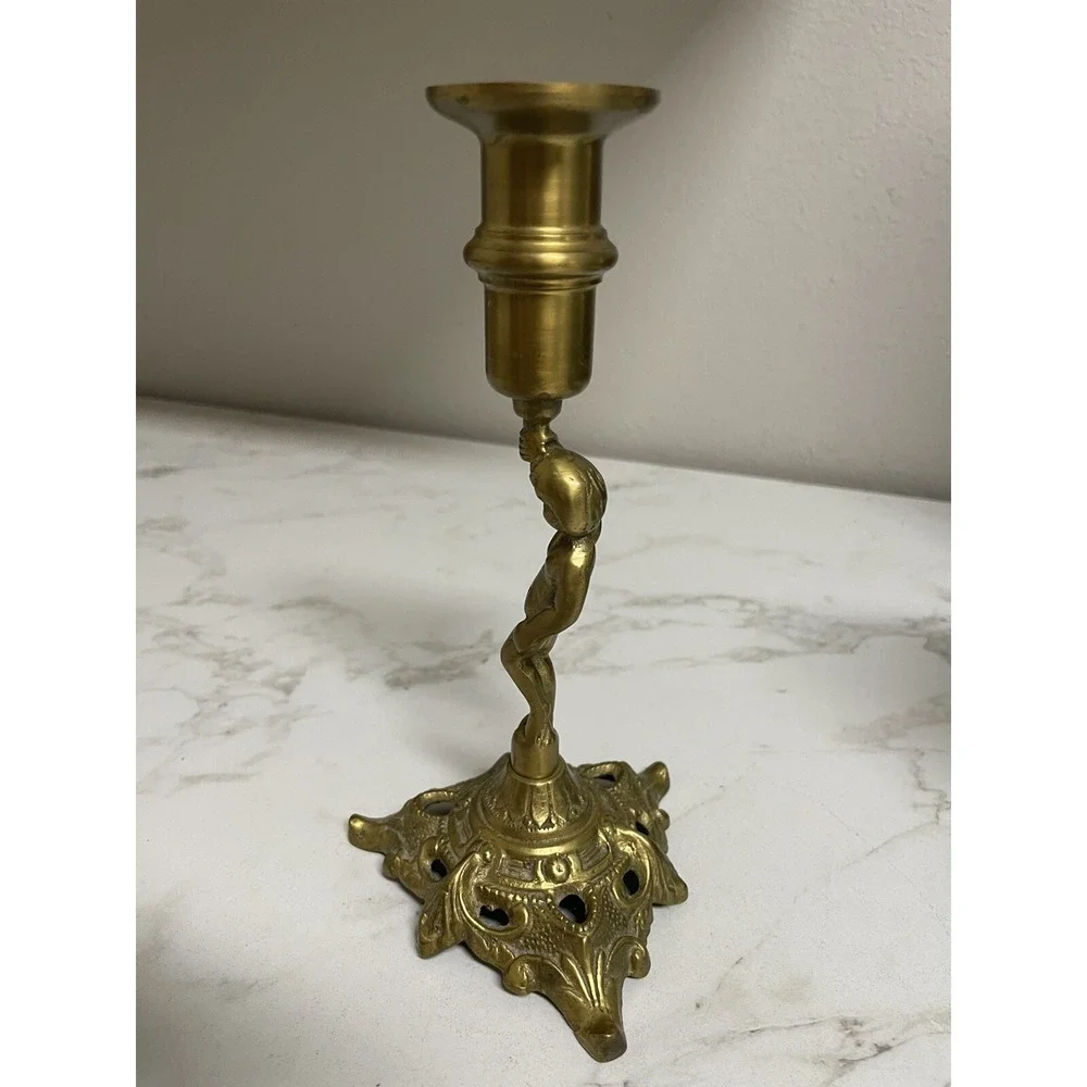 Vintage Brass Putti Cherub Candleholder Candle Stick Tripod Base 8.25